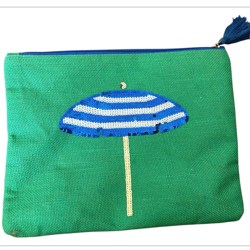 Green Clutch with Blue Umbrella Design